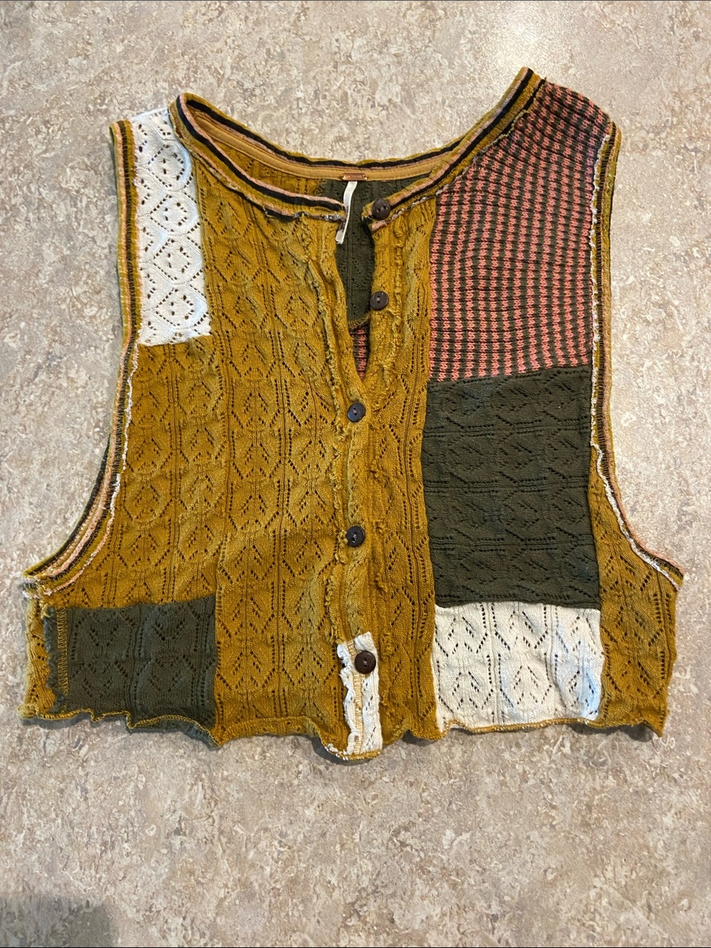 Free People Patchwork Knit Button-Front vest - Mustard & Olive